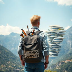 A young European architect with light hair stands with his back to the viewer, donning a tourist backpack marked with 'DIMVASTU' in bold letters