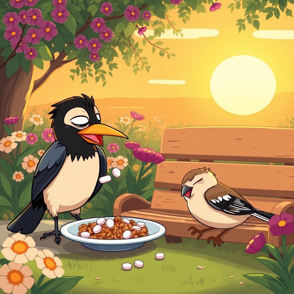 A scene depicting a Myna bird subtly mixing sleeping pills into a meal, illustrated with playful cartoonish elements