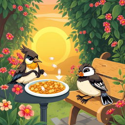 A scene depicting a Myna bird subtly mixing sleeping pills into a meal, illustrated with playful cartoonish elements