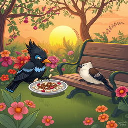 A scene depicting a Myna bird subtly mixing sleeping pills into a meal, illustrated with playful cartoonish elements