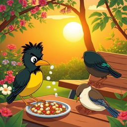 A scene depicting a Myna bird subtly mixing sleeping pills into a meal, illustrated with playful cartoonish elements