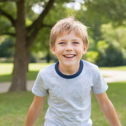 Adorable young boy with twinkling eyes, a lively smile, wearing casual summer clothes, and playing in a sunny park.