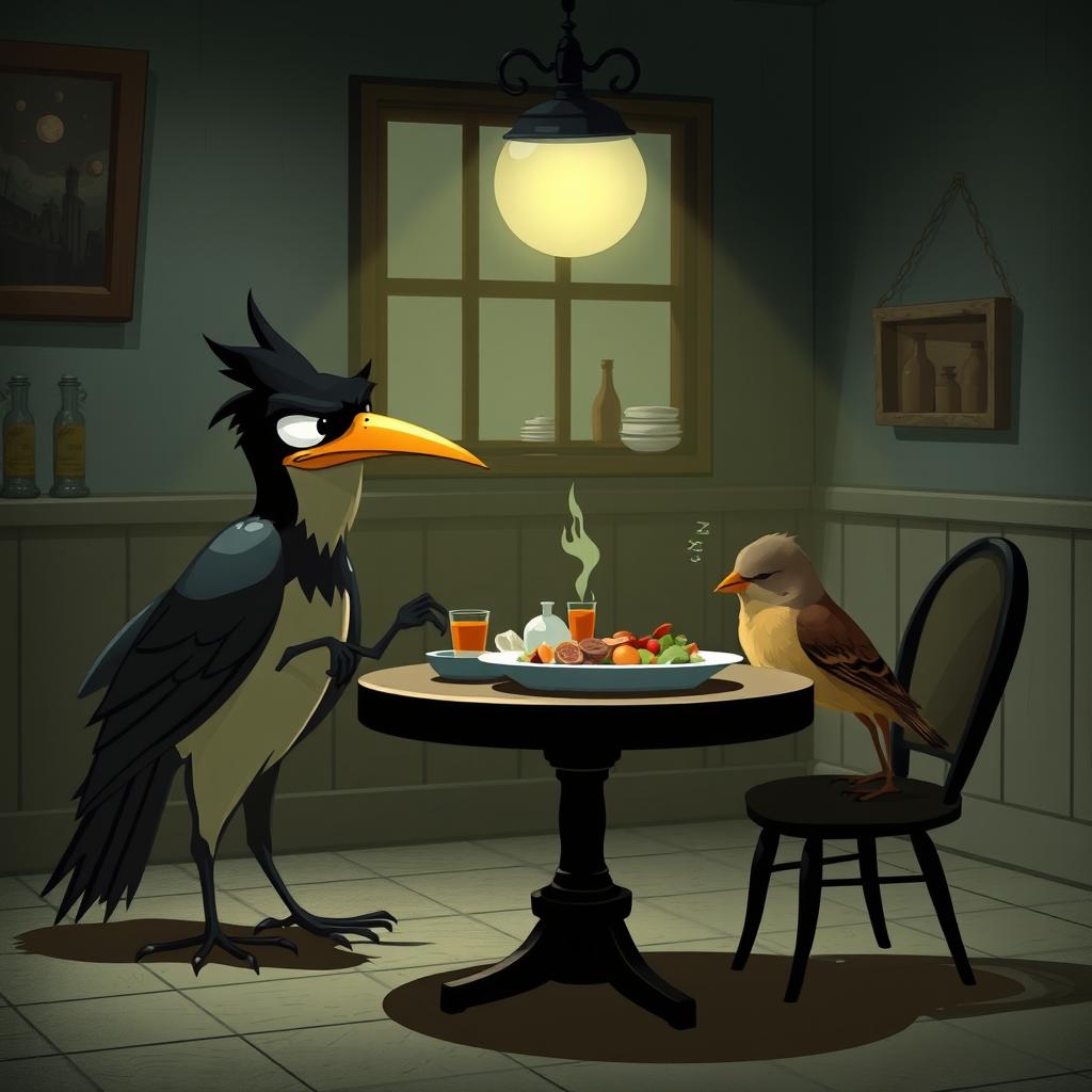 A dramatic scene set in a stylized dining area where a cunning Myna bird is depicted mixing sleeping pills into a meal