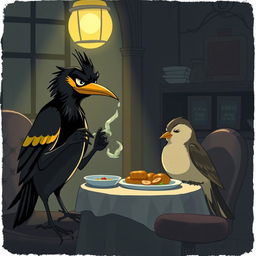 A dramatic scene set in a stylized dining area where a cunning Myna bird is depicted mixing sleeping pills into a meal