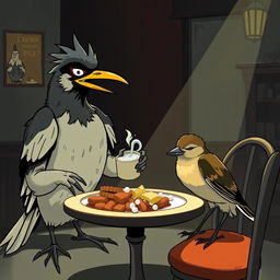 A dramatic scene set in a stylized dining area where a cunning Myna bird is depicted mixing sleeping pills into a meal