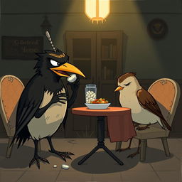 A dramatic scene set in a stylized dining area where a cunning Myna bird is depicted mixing sleeping pills into a meal