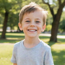 Adorable young boy with twinkling eyes, a lively smile, wearing casual summer clothes, and playing in a sunny park.