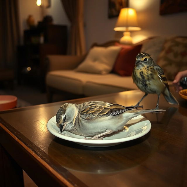 A serene nighttime table setting in a cozy living room with a sleeping Sparrow comfortably nestled on a small plate