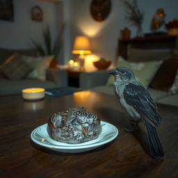 A serene nighttime table setting in a cozy living room with a sleeping Sparrow comfortably nestled on a small plate