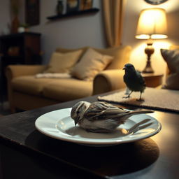 A serene nighttime table setting in a cozy living room with a sleeping Sparrow comfortably nestled on a small plate