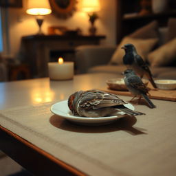 A serene nighttime table setting in a cozy living room with a sleeping Sparrow comfortably nestled on a small plate