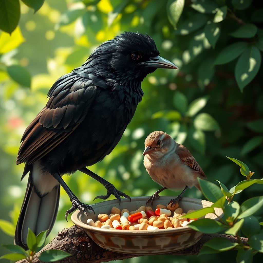 A scene depicting a myna with sleek, shiny black feathers, perched on a branch while mischievously mixing sleeping pills into a dish of bird food