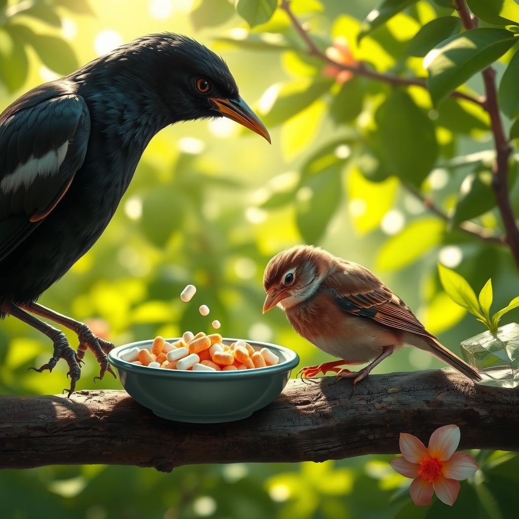 A scene depicting a myna with sleek, shiny black feathers, perched on a branch while mischievously mixing sleeping pills into a dish of bird food