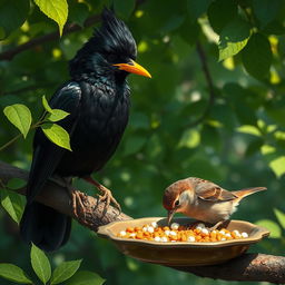 A scene depicting a myna with sleek, shiny black feathers, perched on a branch while mischievously mixing sleeping pills into a dish of bird food