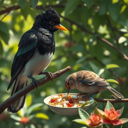 A scene depicting a myna with sleek, shiny black feathers, perched on a branch while mischievously mixing sleeping pills into a dish of bird food