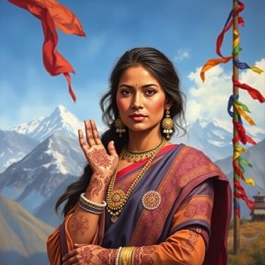 A portrait painting featuring a Nepali woman with enticing beauty, wearing traditional attire that embodies Nepalese culture