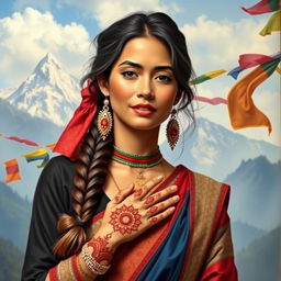 A portrait painting featuring a Nepali woman with enticing beauty, wearing traditional attire that embodies Nepalese culture