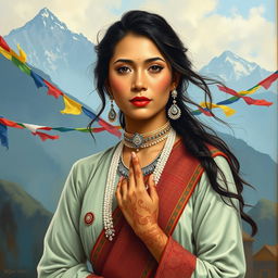 A portrait painting featuring a Nepali woman with enticing beauty, wearing traditional attire that embodies Nepalese culture