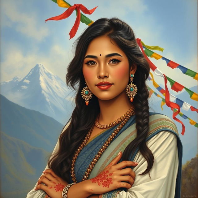 A portrait painting featuring a Nepali woman with enticing beauty, wearing traditional attire that embodies Nepalese culture