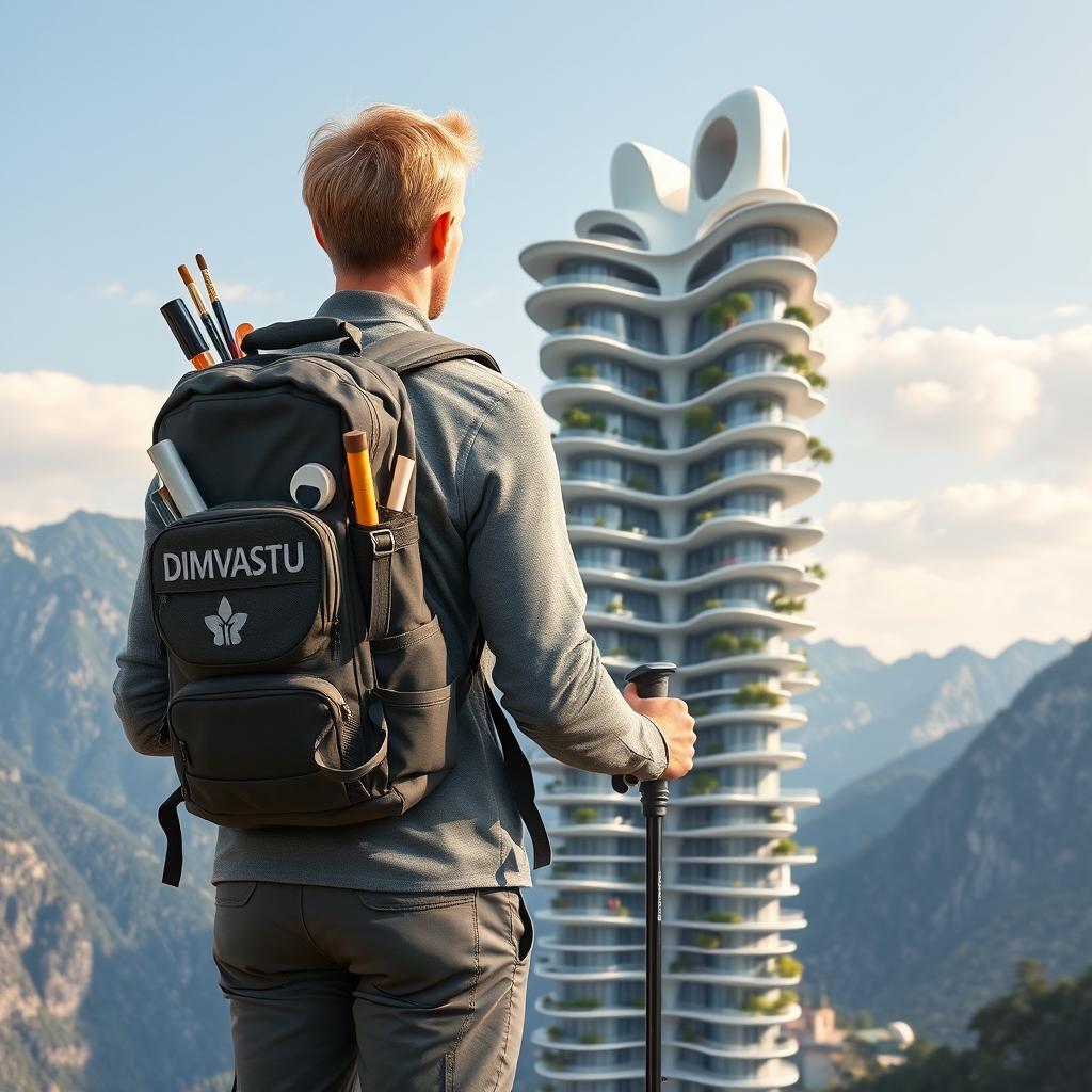 A young European architect with blond hair stands with his back to the viewer, sporting a tourist backpack with the specific inscription 'DIMVASTU' in large letters