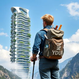 A young European architect with blond hair stands with his back to the viewer, sporting a tourist backpack with the specific inscription 'DIMVASTU' in large letters