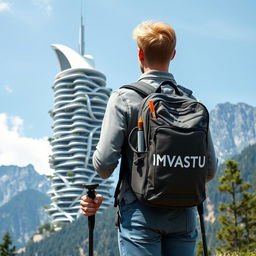 A young European architect with blond hair stands with his back to the viewer, sporting a tourist backpack with the specific inscription 'DIMVASTU' in large letters