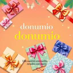 A vibrant and eye-catching poster for a gift box and wrapping company named "donumio"