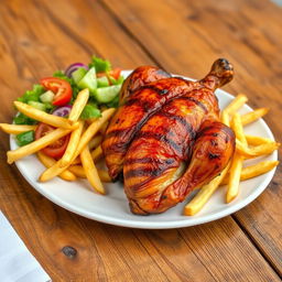 A delicious plate of Peruvian Pollo a la Brasa served with crispy French fries and fresh salad, beautifully arranged on a rustic wooden table