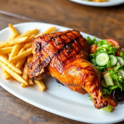 A delicious plate of Peruvian Pollo a la Brasa served with crispy French fries and fresh salad, beautifully arranged on a rustic wooden table