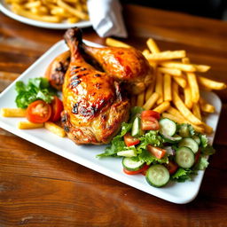 A delicious plate of Peruvian Pollo a la Brasa served with crispy French fries and fresh salad, beautifully arranged on a rustic wooden table