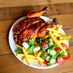 A delicious plate of Peruvian Pollo a la Brasa served with crispy French fries and fresh salad, beautifully arranged on a rustic wooden table