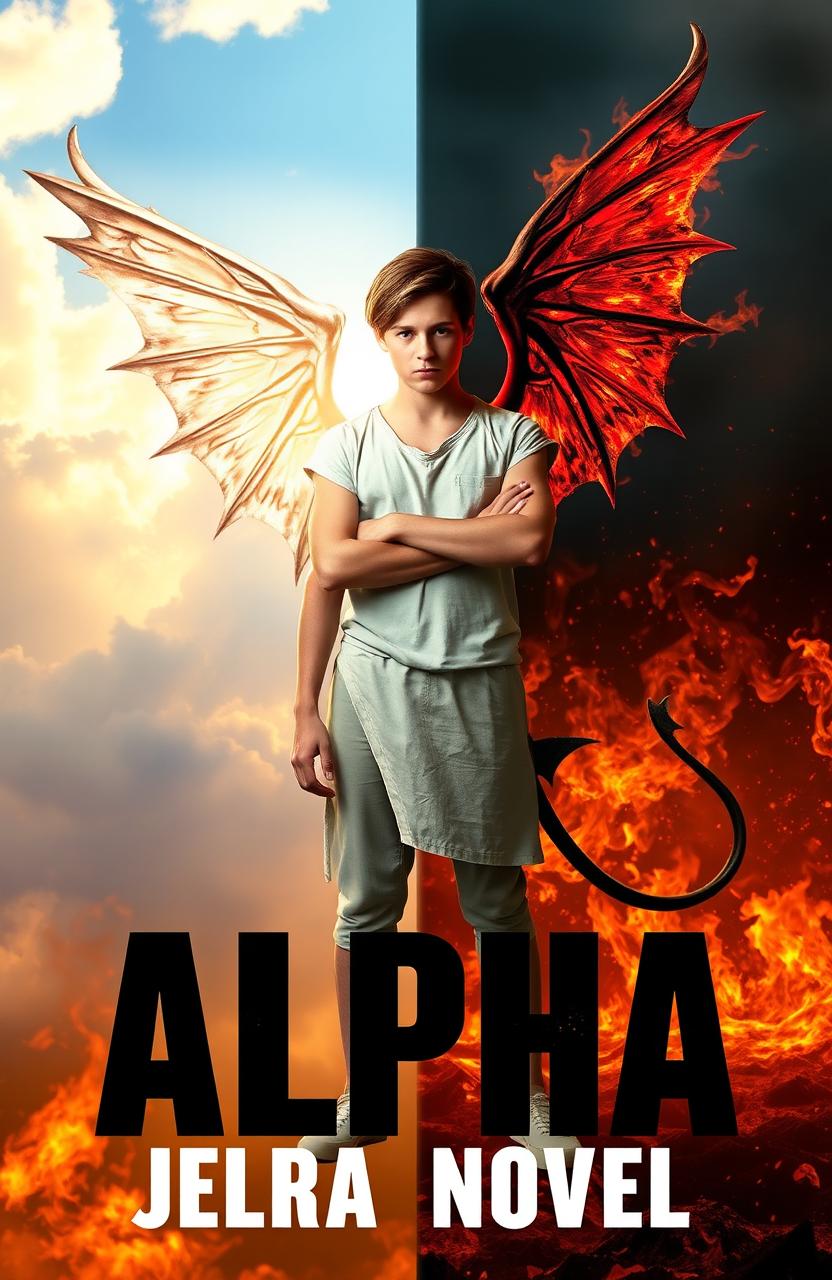 A mythical being named Alpha, appearing as a 16-year-old with one celestial wing and one demonic wing, stands dramatically against a split background