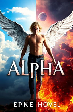 A mythical being named Alpha, appearing as a 16-year-old with one celestial wing and one demonic wing, stands dramatically against a split background