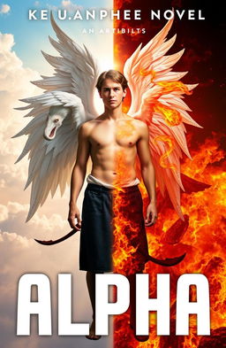 A mythical being named Alpha, appearing as a 16-year-old with one celestial wing and one demonic wing, stands dramatically against a split background