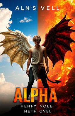 A mythical being named Alpha, appearing as a 16-year-old with one celestial wing and one demonic wing, stands dramatically against a split background