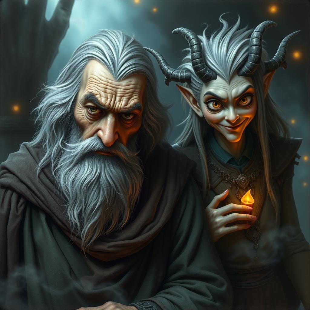 An worried old warlock, with deep lines of concern etched on his face, standing alongside his Trickster Archfey patron