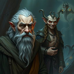 An worried old warlock, with deep lines of concern etched on his face, standing alongside his Trickster Archfey patron