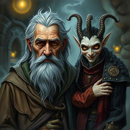 An worried old warlock, with deep lines of concern etched on his face, standing alongside his Trickster Archfey patron