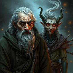 An worried old warlock, with deep lines of concern etched on his face, standing alongside his Trickster Archfey patron