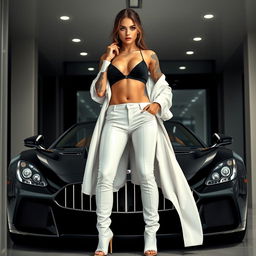 A hyperrealistic full-length portrait of a hot, sexy girl dressed in luxurious clothing in white and black