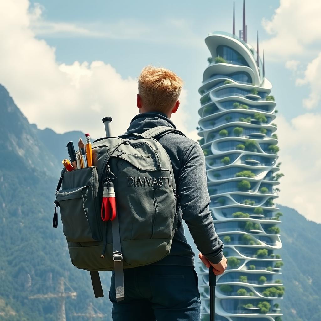 A young European architect with blond hair stands with his back to the viewer, sporting a tourist backpack with the specific inscription 'DIMVASTU' in large letters