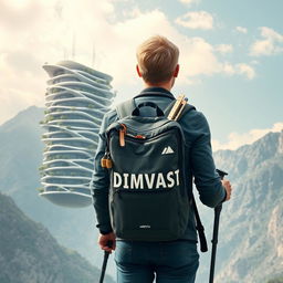 A young European architect with blond hair stands with his back to the viewer, sporting a tourist backpack with the specific inscription 'DIMVASTU' in large letters