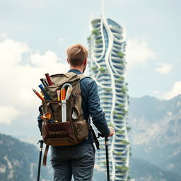 A young European architect with blond hair stands with his back to the viewer, sporting a tourist backpack with the specific inscription 'DIMVASTU' in large letters