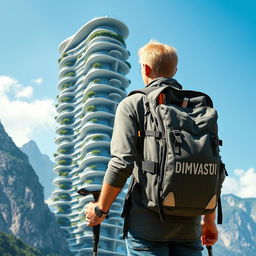 A young European architect with blond hair stands with his back to the viewer, sporting a tourist backpack with the specific inscription 'DIMVASTU' in large letters