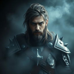 Mystical warrior portrait set in a dark, foggy ambiance