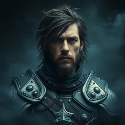 Mystical warrior portrait set in a dark, foggy ambiance