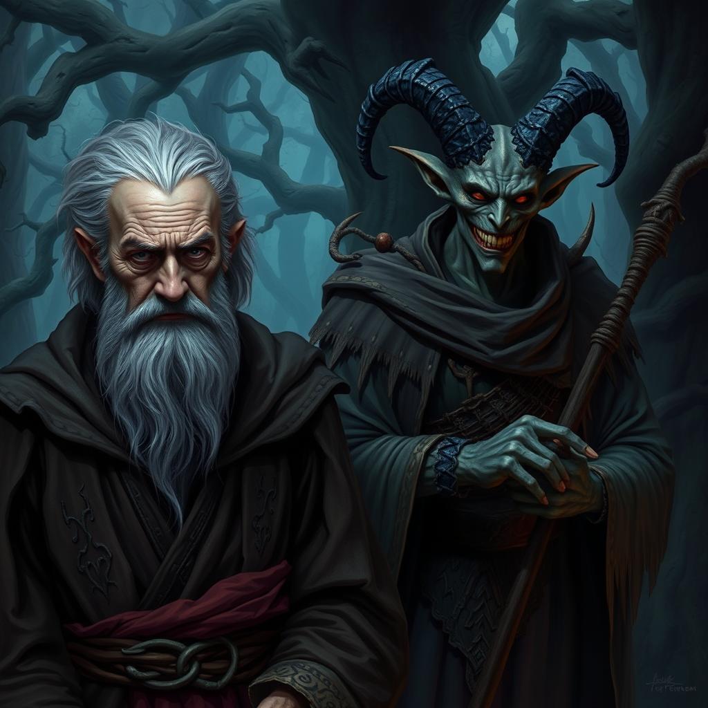 An worried old warlock, his face marked with lines of concern and worry, standing alongside the sinister Trickster Archfey Hyrsam