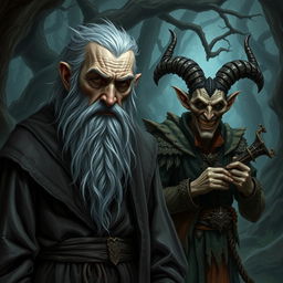 An worried old warlock, his face marked with lines of concern and worry, standing alongside the sinister Trickster Archfey Hyrsam