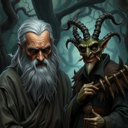 An worried old warlock, his face marked with lines of concern and worry, standing alongside the sinister Trickster Archfey Hyrsam