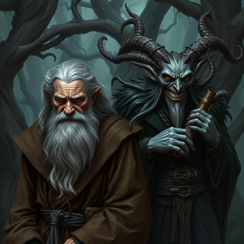 An worried old warlock, his face marked with lines of concern and worry, standing alongside the sinister Trickster Archfey Hyrsam